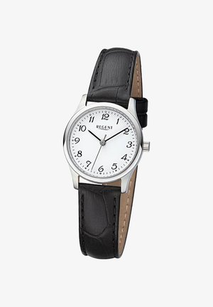 Montre-bracelet analogique en argent avec cadran blanc, chiffres arabes noirs, aiguilles des heures et des minutes noires, aiguille des secondes et bracelet en cuir noir.