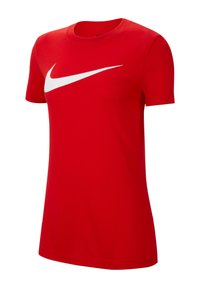 Punainen lyhythihainen Nike-t-paita, jossa on suuri valkoinen swoosh-logo rinnassa, pyöreä pääntie ja slim fit -leikkaus.