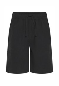 Sorte shorts lavet af letvægtsstof med elastik i taljen og snørebånd, to forlommer og en afslappet pasform.