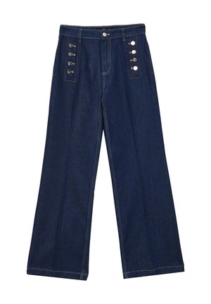 Dunkelblaue Denim-Hosen mit weitem Bein, hohem Bund, vorderen Falten und fünf silberfarbenen Knopfakzenten an beiden Seiten.