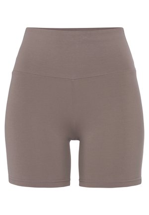 Hooggetailleerde, taupekleurige naadloze biker shorts met een brede tailleband, ontworpen voor een aansluitend comfort en flexibiliteit.