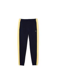 Marineblauwe trainingsbroek met gele zijstrepen, elastische tailleband en een klein geborduurd logo op de linker bovenbeen.