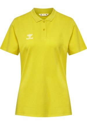 Gul polo-skjorte lavet af tekstureret stof, med krave, to knapper og et lille hvidt logo på venstre brystområde.