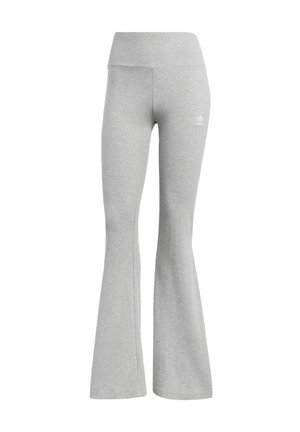 Gray flared leggings made from soft cotton blend fabric, featuring a high waistband and a small white logo on the left hip.