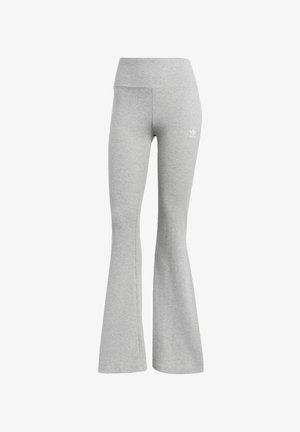 Gray flared leggings made from soft cotton blend fabric, featuring a high waistband and a small white logo on the left hip.