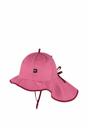 Rosa Sonnenhut mit breiter Krempe und Kinnriemen, ausgestattet mit einem kleinen schwarzen Logotag sowie tiefem dunkelrotem Besatz und Schleife auf der Rückseite.