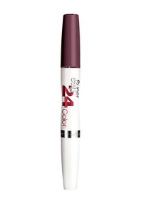 Maybelline Super Stay 24 Color lipstick in a slender white tube with a dark purple cap. Features bold red lettering and a silver accent band.