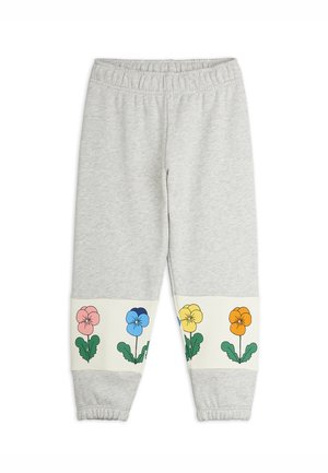 Lysegrå joggingbukser med elastisk talje og manchetter, med farverige blomstermønstre på underbenene.