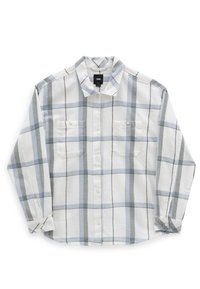 Chemise à manches longues à boutons avec un motif tartan bleu, vert et gris et deux poches poitrine avant boutonnées.