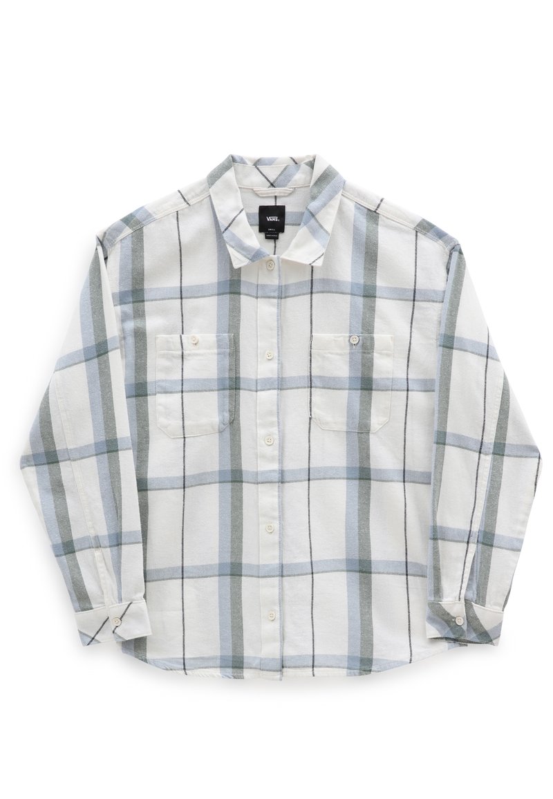 Chemise à manches longues à boutons avec un motif tartan bleu, vert et gris et deux poches poitrine avant boutonnées.