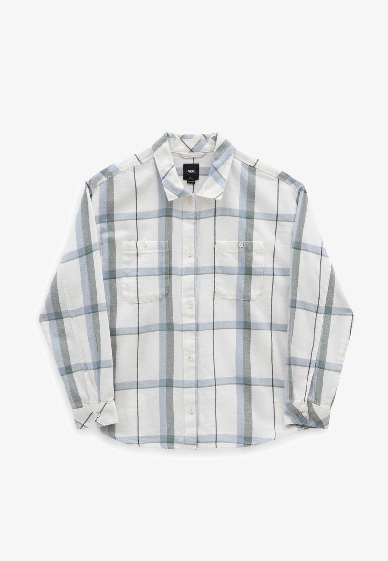 Chemise à manches longues à boutons avec un motif tartan bleu, vert et gris et deux poches poitrine avant boutonnées.