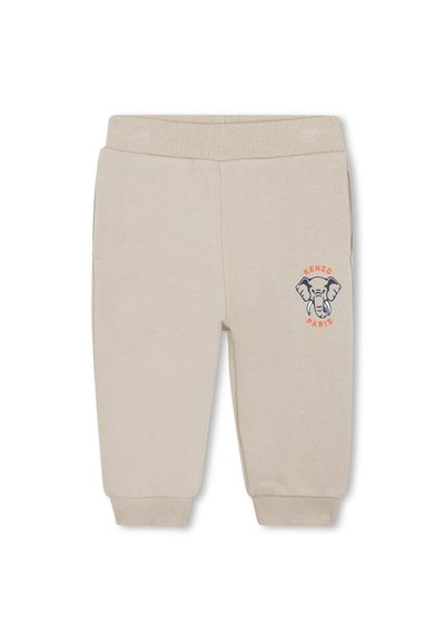 Jogging en coton beige avec ceinture et poignets côtelés, arborant un logo éléphant imprimé et le texte "KENZO PARIS" en orange et bleu marine.