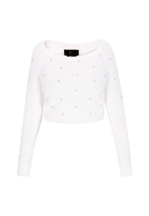 Witte cropped trui met lange mouwen, voorzien van een ronde halslijn en verspreide zilveren versieringen door de stof.