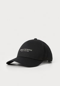 Black cotton baseball cap with a curved brim, featuring white "Armani Exchange Milano/New York" logo prominently on the front.
