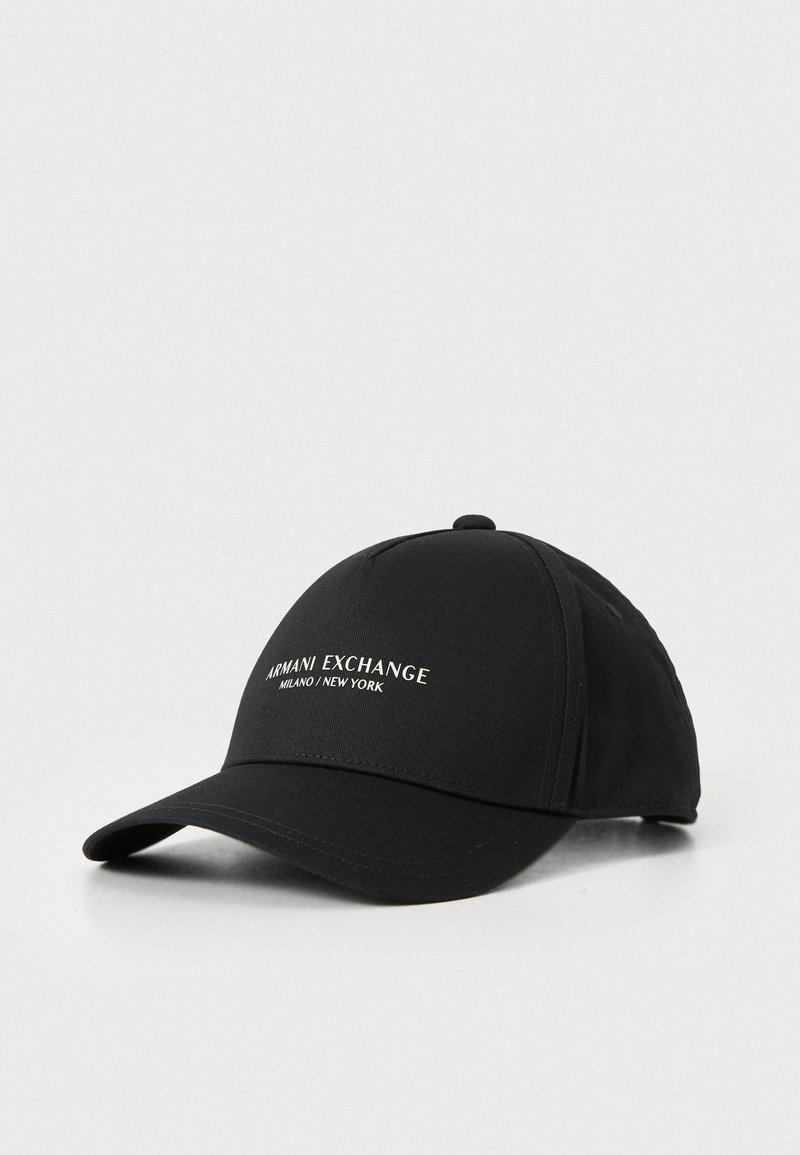 Black cotton baseball cap with a curved brim, featuring white "Armani Exchange Milano/New York" logo prominently on the front.