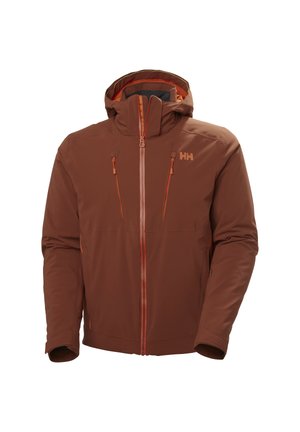 Bruine buitenjas met oranje ritsen en accenten. Heeft een capuchon, twee voorzakken en een gestroomlijnd ontwerp.