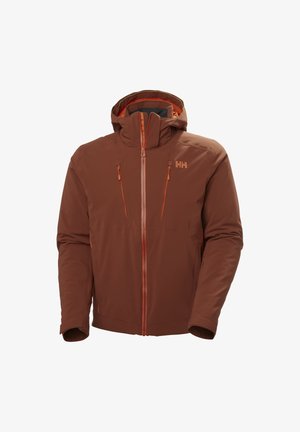 Brązowa kurtka na zewnątrz z pomarańczowymi zamkami i akcentami. Posiada kaptur, dwie przednie kieszenie i smukły, elegancki design.