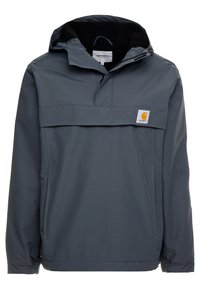 GråPulloverjacka med huva, framficka och Carhartt-logga. Tillverkad av slätt syntetiskt material med avslappnad passform.