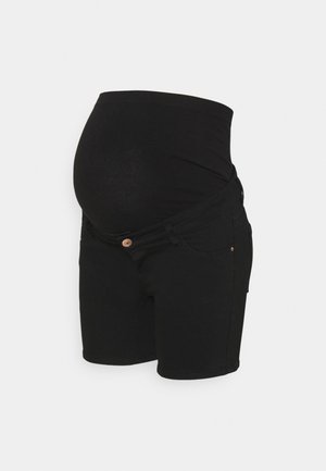 Schwarze Umstands-Shorts mit elastischem Bund, die für einen Babybauch ausgelegt sind.