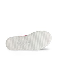 Semelle de chaussure en caoutchouc blanc avec des rainures horizontales et un motif en relief. Marquée du logo "ECCO" et d'un marquage de taille, avec un jeté arrondi.