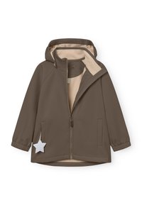 Braune wasserdichte Jacke mit beigem Innenfutter, Reißverschluss vorne und Kapuze. Mit elastischen Bündchen und einem sternförmigen Anhänger an der linken Tasche.