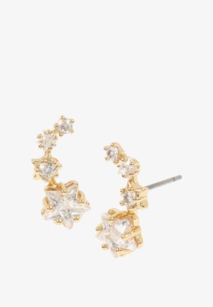 Boucles d'oreilles dorées ornées d'accentuations en cristal clair en forme d'étoile et circulaire, avec un support texturé et un fermoir droit.