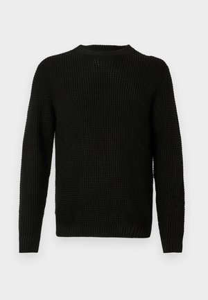 Black knitted sweater with a round neckline, long sleeves, textured pattern, and ribbed cuffs and hem. Classic loose-fitting design.