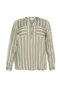 Blouse à manches longues vert olive clair avec des rayures blanches verticales, des poches sur la poitrine et un col en V boutonné.