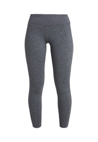Szare legginsy wykonane z teksturowanej, elastycznej tkaniny. Wysoki stan i dopasowany krój rozciągają się aż do kostek, bez widocznych szwów.