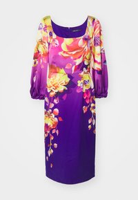 Lila blumiges Kleid mit langen Puffärmeln, quadratischem Ausschnitt und lebhaften Blumenmustern in Pink, Gelb und Orange. Glatter Stoff. 