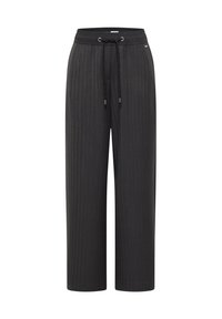 Zwarte wijde broek met subtiele verticale strepen en een verstelbare trekkoord tailleband.