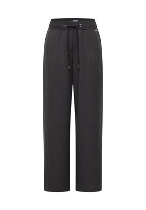 Schwarze weit geschnittene Hosen mit dezenten vertikalen Streifen und einem verstellbaren Kordelzugbund.