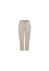 Pantaloni di cotone beige con taglio dritto, dotati di chiusura a bottoni, cintura elastica e tasche laterali. Texture liscia, design minimalista.