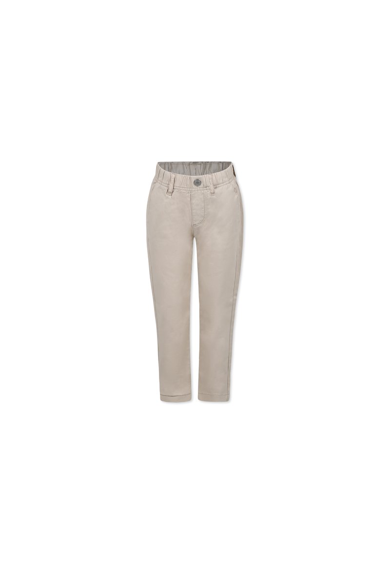Pantaloni di cotone beige con taglio dritto, dotati di chiusura a bottoni, cintura elastica e tasche laterali. Texture liscia, design minimalista.