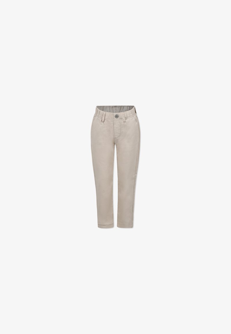 Pantaloni di cotone beige con taglio dritto, dotati di chiusura a bottoni, cintura elastica e tasche laterali. Texture liscia, design minimalista.