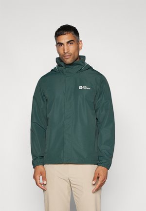 Dark green waterproof jacket with a hood, featuring elastic cuffs and a front zipper. Logo printed on the left side of the chest.