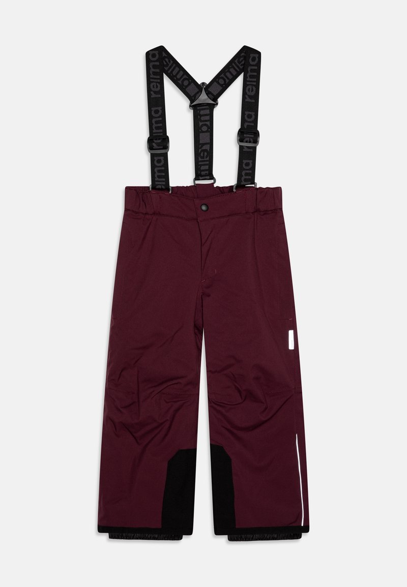 Burgunderfargede snøbukser med justerbare svarte seler, elastisk liv, sidelommer og svarte stoffdetaljer ved kanten. Jevn tekstur.