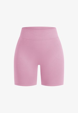 Shorts rosa a vita alta realizzati in tessuto elasticizzato. Texture liscia con un design aderente, adatti per l'abbigliamento sportivo o casual.