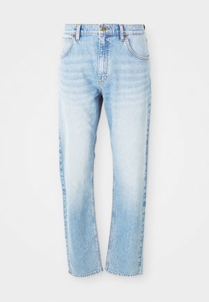Light blue straight-leg denim jeans with front pockets, belt loops, and a button closure.