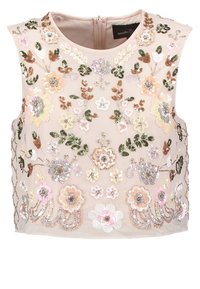 Broderad ärmlös top med intrikata blommönster i pastellfärger, med paljetter och pärlor på ett ljusbeige tyg. Dragkedja baktill.
