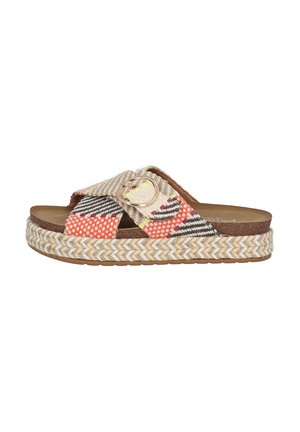 Woven fabric slide sandal with multicolored patterns, round buckle accent, and braided jute-style platform sole. Brown insole.