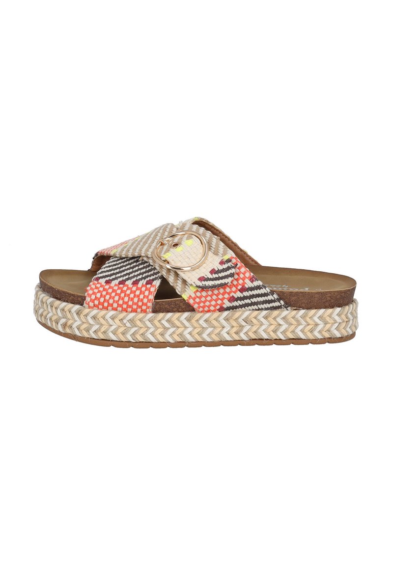Sandalia de tela tejida con patrones multicolores, acento de hebilla redonda y suela de plataforma estilo yute trenzado. Plantilla marrón.
