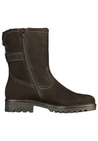 Stivaletto in suede marrone con zip laterale, suola in gomma, cuciture rinforzate e fodera morbida all'apertura per maggiore comfort.