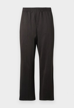 Black, elastic waistband pants with a straight leg design. Made of smooth fabric with subtle stitching details along the front.