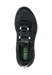 Scarpa da trekking nera con tomaia in mesh, materiale testurizzato, lacci tondi con accenti bianchi e soletta verde.