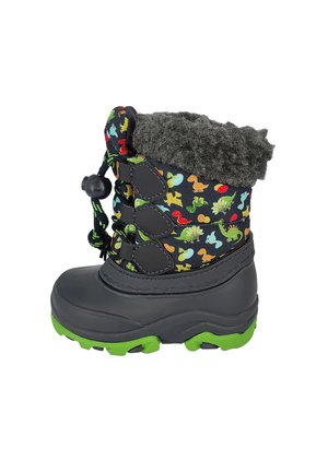 Kinderschneestiefel mit schwarzem Obermaterial, verziert mit bunten Dinosaurier-Mustern, grauem Fleece-Futter und einer robusten grauen Sohle mit grünen Akzenten.