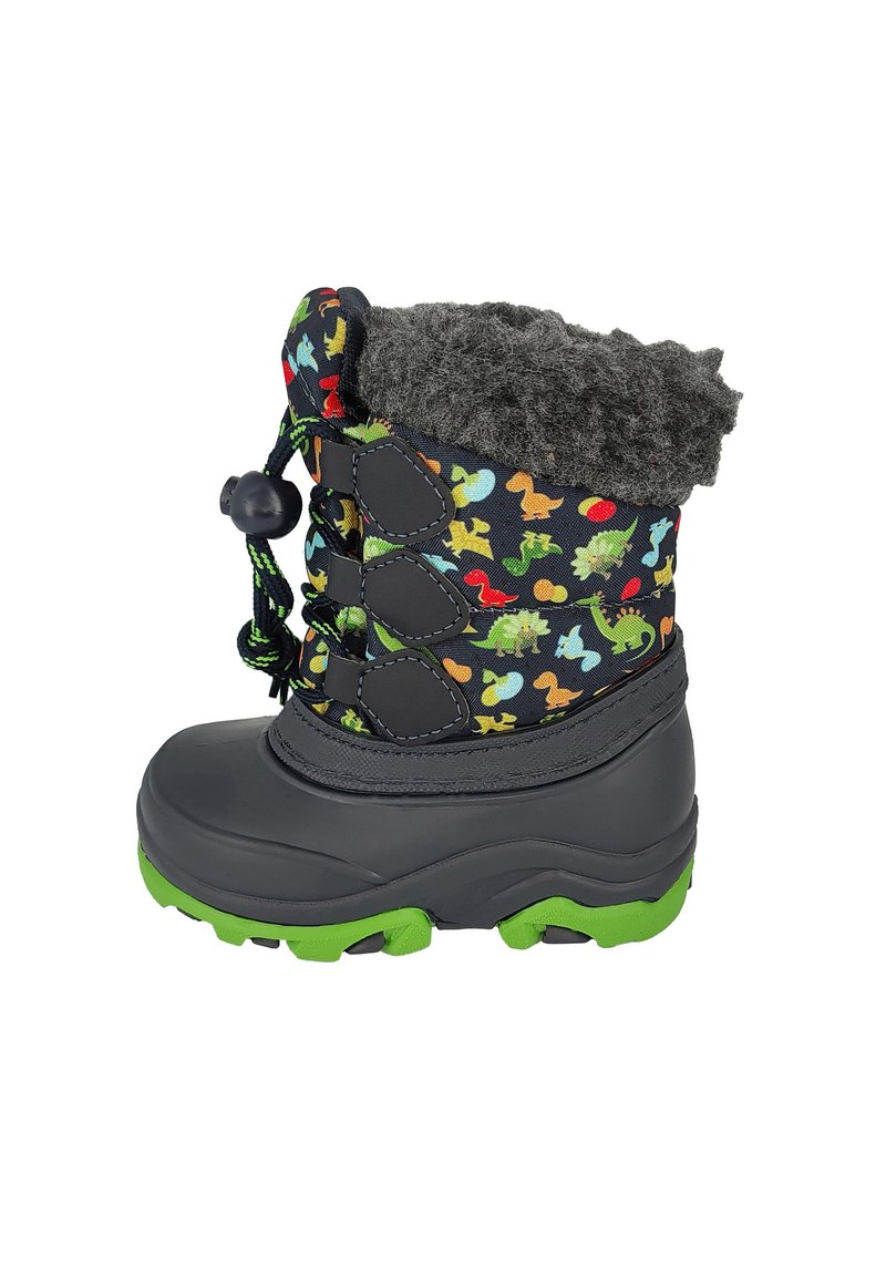 Kinderschneestiefel mit schwarzem Obermaterial, verziert mit bunten Dinosaurier-Mustern, grauem Fleece-Futter und einer robusten grauen Sohle mit grünen Akzenten.