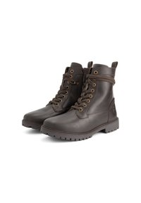 Donkerbruine leren enkelboots met een gladde afwerking, ronde neus, veters en bronzen ooggaten. Beschikt over een gekartelde rubberen zool voor grip.
