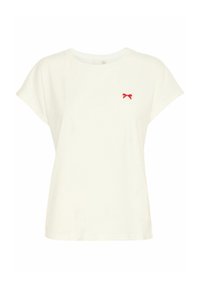 Kortærmet hvid T-shirt lavet af blødt stof med rund halsudskæring og en lille rød sløjfe broderet på venstre brystområde.