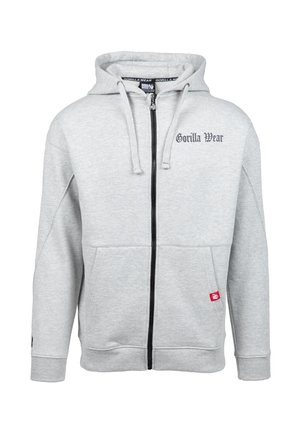 Grijze zip-up hoodie met een kangoeroezak, capuchon met koord en zwarte rits. Heeft het 'Gorilla Wear' logo op de borst en rode labeldetails.